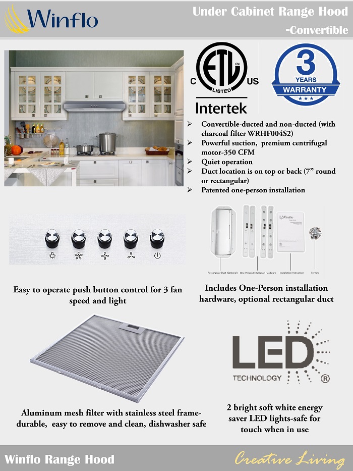 Winflo 30 In. 350 CFM Convertible Under Range Hood in Stainless